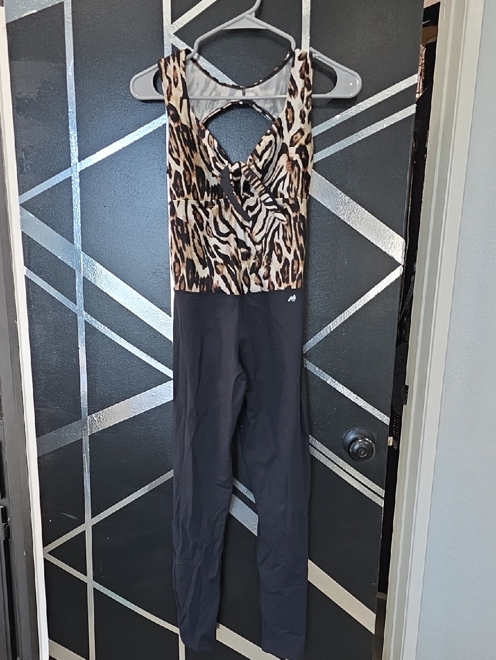 Leotard-Style Jumpsuit with Animal Print Bodice - Black and Tan